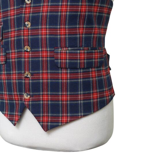 Mens Vest 44R Tartan Plaid Wool Blue Red Lapel Waistcoat Formal Wedding Party - Picture 6 of 9